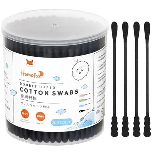 HOMEFOX Black Cotton Swabs Spiral - 200 Count Organic Cotton Buds with Paper Stick | Charcoal Activated Carbon thumbnail 1