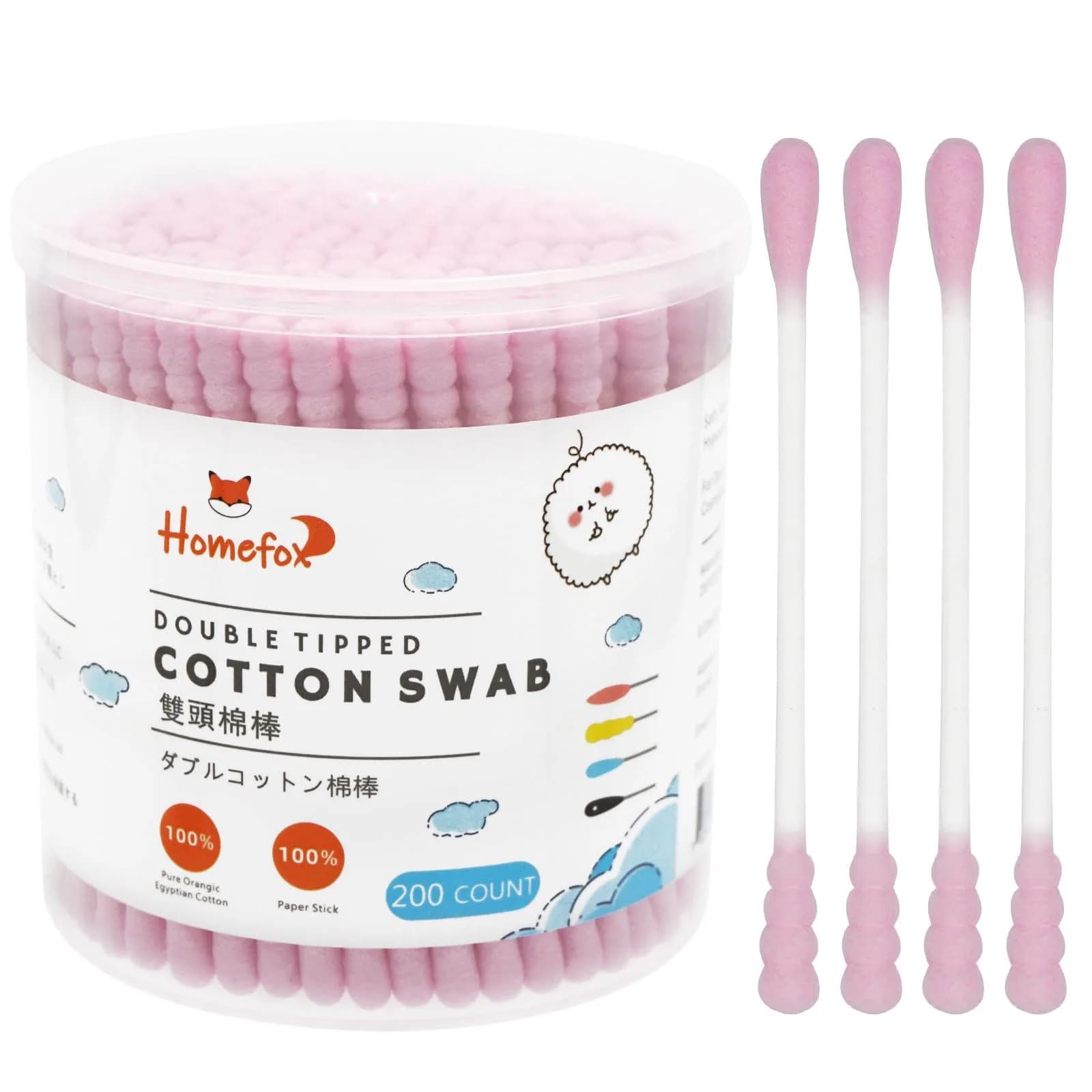 HOMEFOX Pink Cotton Swabs Spiral - 200 Count | Organic Cotton Buds with Paper Stick - main product image