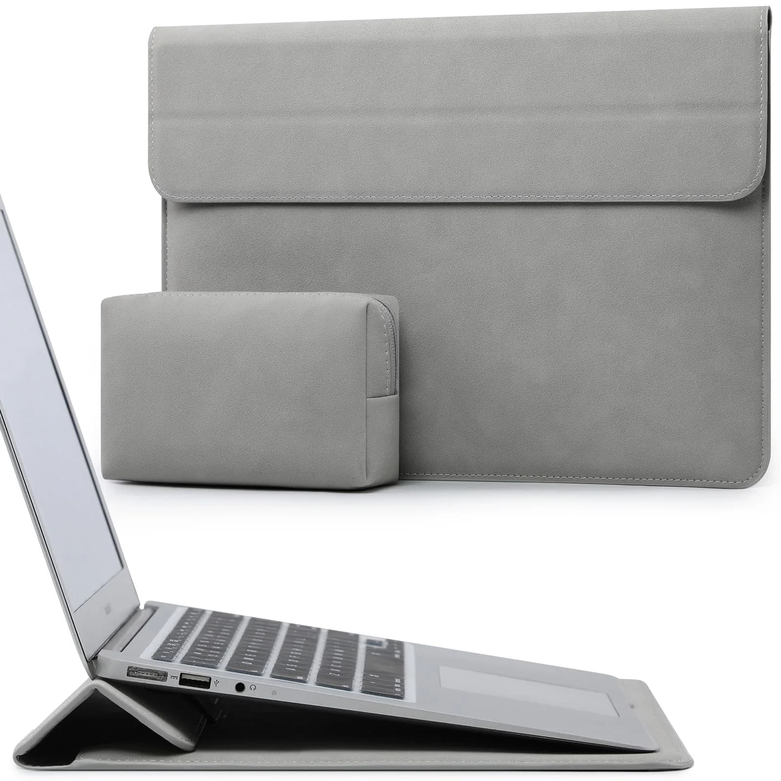 HYZUO 13.3-14 Inch Laptop Case Sleeve with Stand Feature, Light Gray | Water-Resistant Faux Leather