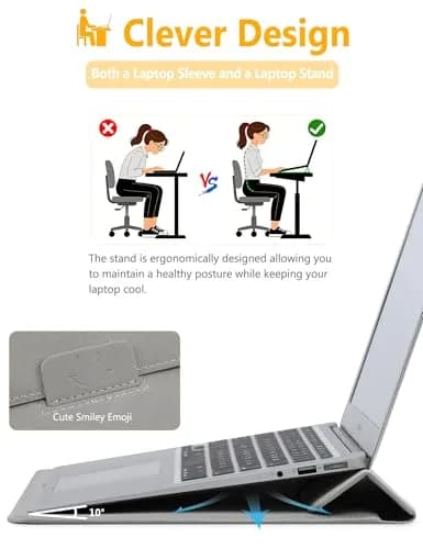 HYZUO 13.3-14 Inch Laptop Case Sleeve with Stand Feature, Light Gray | Water-Resistant Faux Leather thumbnail 2