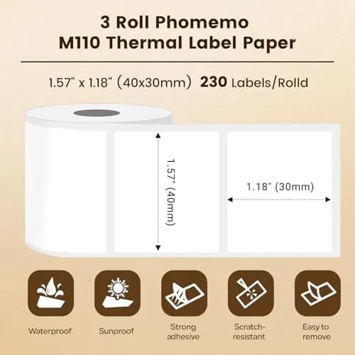 Phomemo M110 Thermal Labels 40x30mm (1.57"x1.18") 690 Pcs | Black on White Direct Thermal Paper thumbnail 2