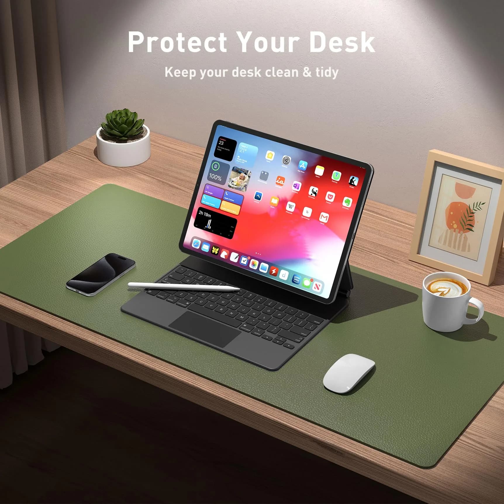 Aothia Olive Green Leather Desk Pad Protector, 36" x 17" | Protects Your Desk from Scratches, Stains, and Spills - view 3