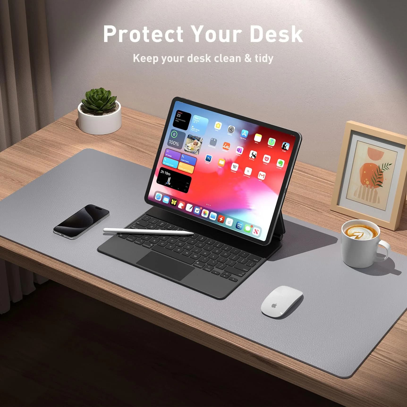 Aothia Light Grey PU Leather Desk Pad Protector, 36" x 17" | Protects Desks from Scratches and Spills - view 3