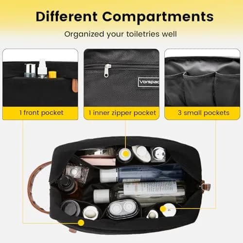 Vorspack Canvas Travel Toiletry Bag for Men, Medium, Black | Water-Resistant Hanging Bag with Organized Compartments thumbnail 3