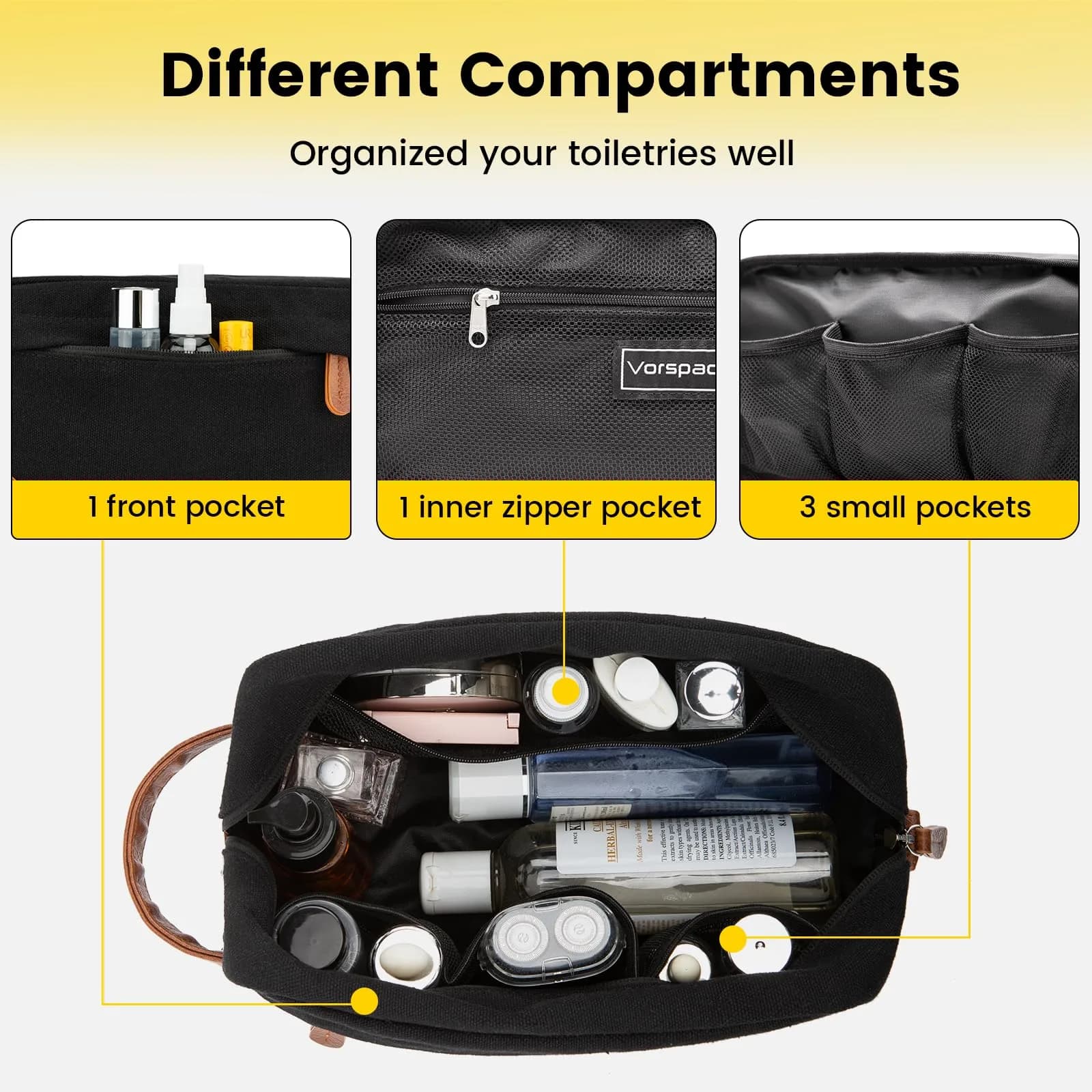 Vorspack Canvas Travel Toiletry Bag for Men, Medium, Black | Water-Resistant Hanging Bag with Organized Compartments - view 3