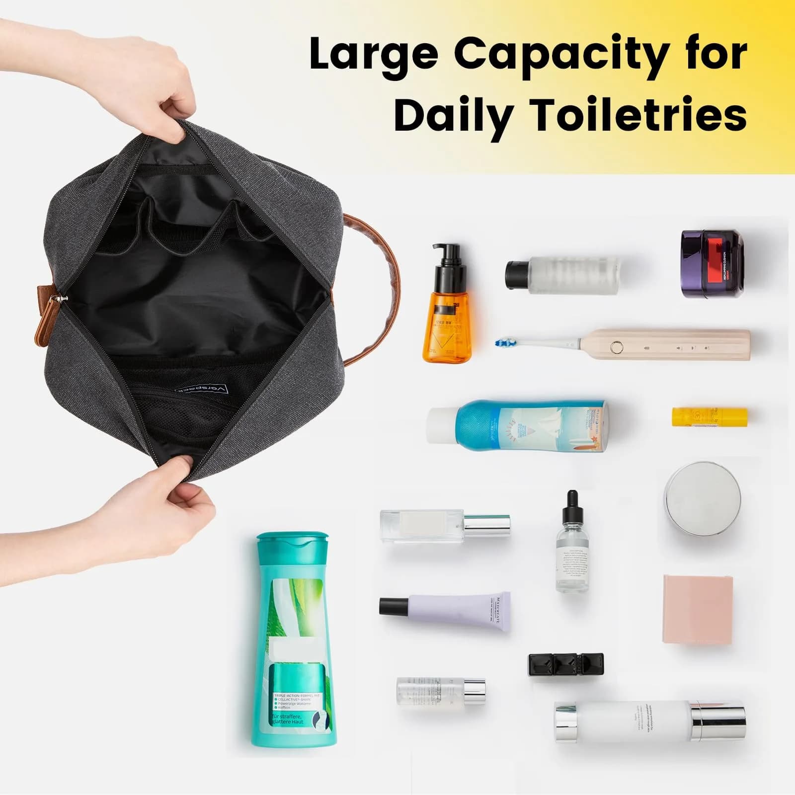 Vorspack Canvas Travel Toiletry Bag for Men, Medium, Dark Grey | Hanging Organizer with Water-Resistant Lining - view 6