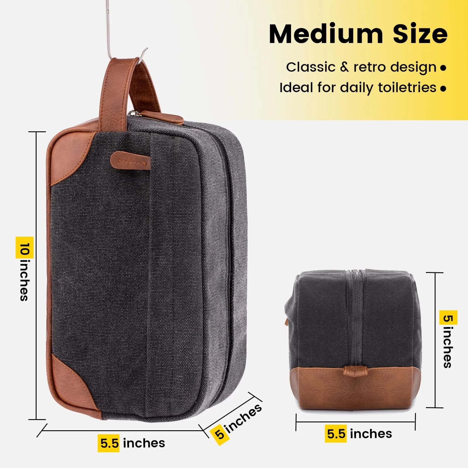 Vorspack Canvas Travel Toiletry Bag for Men, Medium, Dark Grey | Hanging Organizer with Water-Resistant Lining - view 2