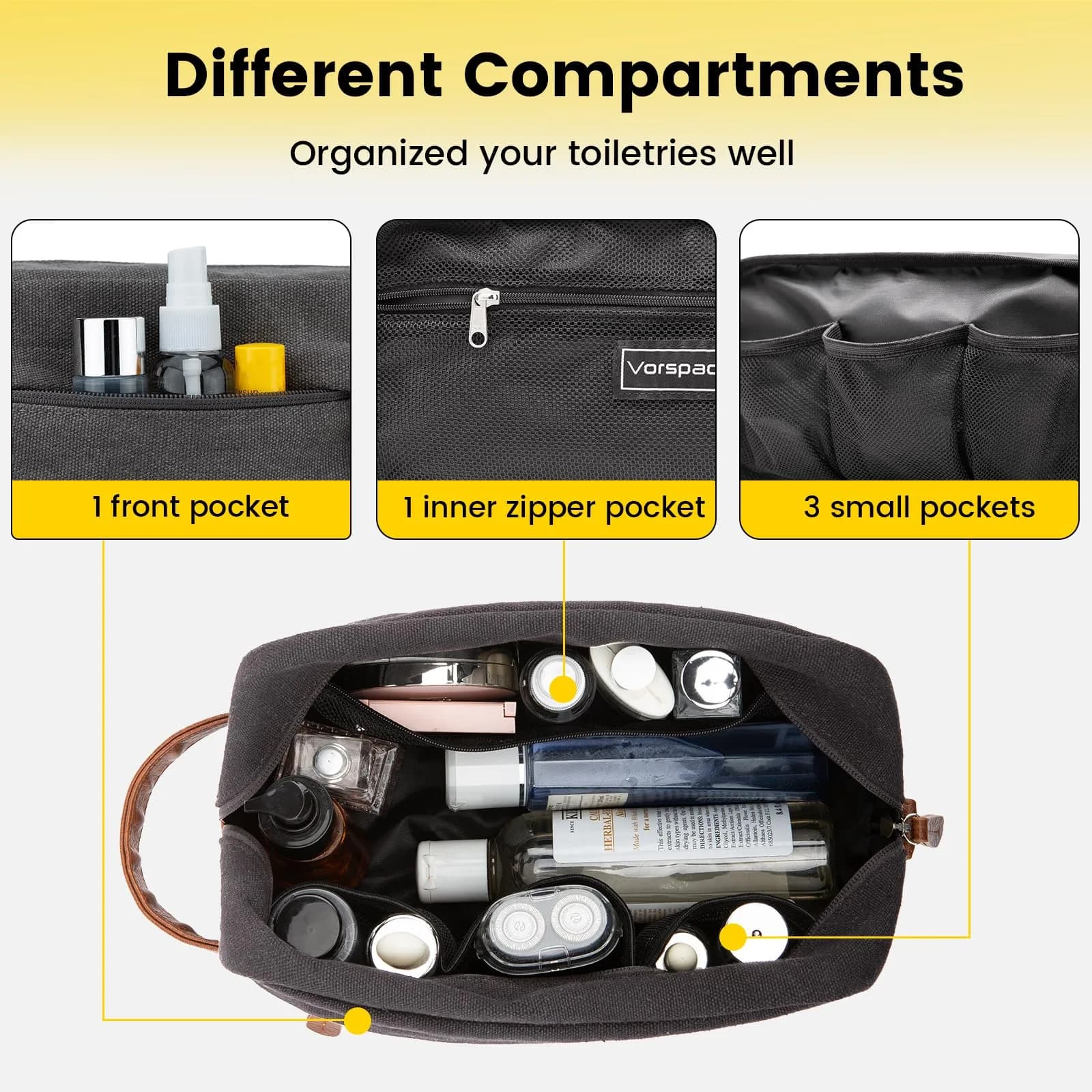 Vorspack Canvas Travel Toiletry Bag for Men, Medium, Dark Grey | Hanging Organizer with Water-Resistant Lining - view 4