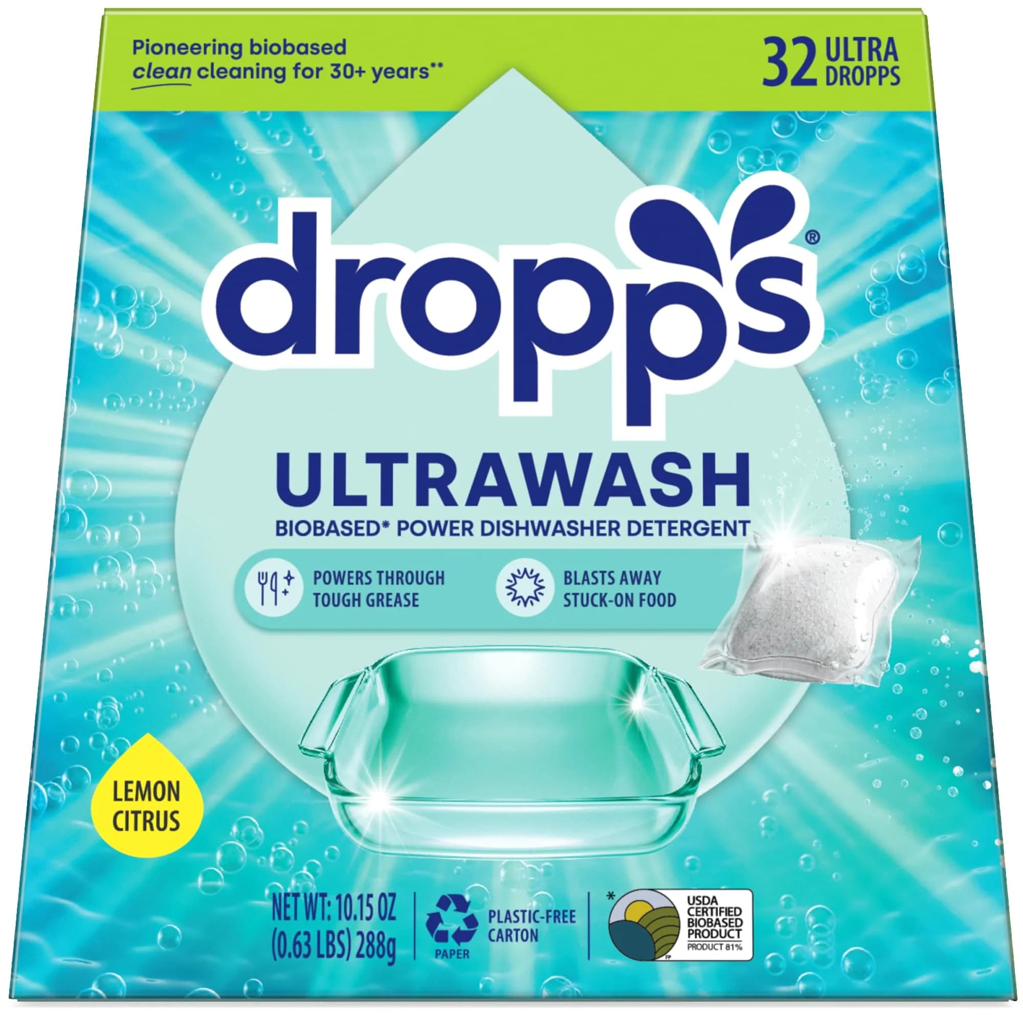 Dropps UltraWash Dishwasher Detergent Pods Lemon Citrus 32 Ct | USDA Certified Biobased 81% Formula - main product image