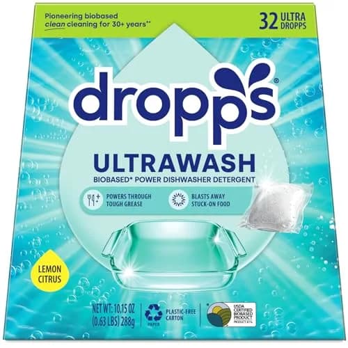 Dropps UltraWash Dishwasher Detergent Pods Lemon Citrus 32 Ct | USDA Certified Biobased 81% Formula thumbnail 1