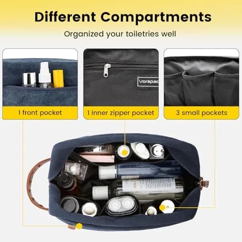 Vorspack Canvas Travel Toiletry Bag for Men, Medium, Navy Blue | Water-Resistant & Organized Compartments thumbnail 4