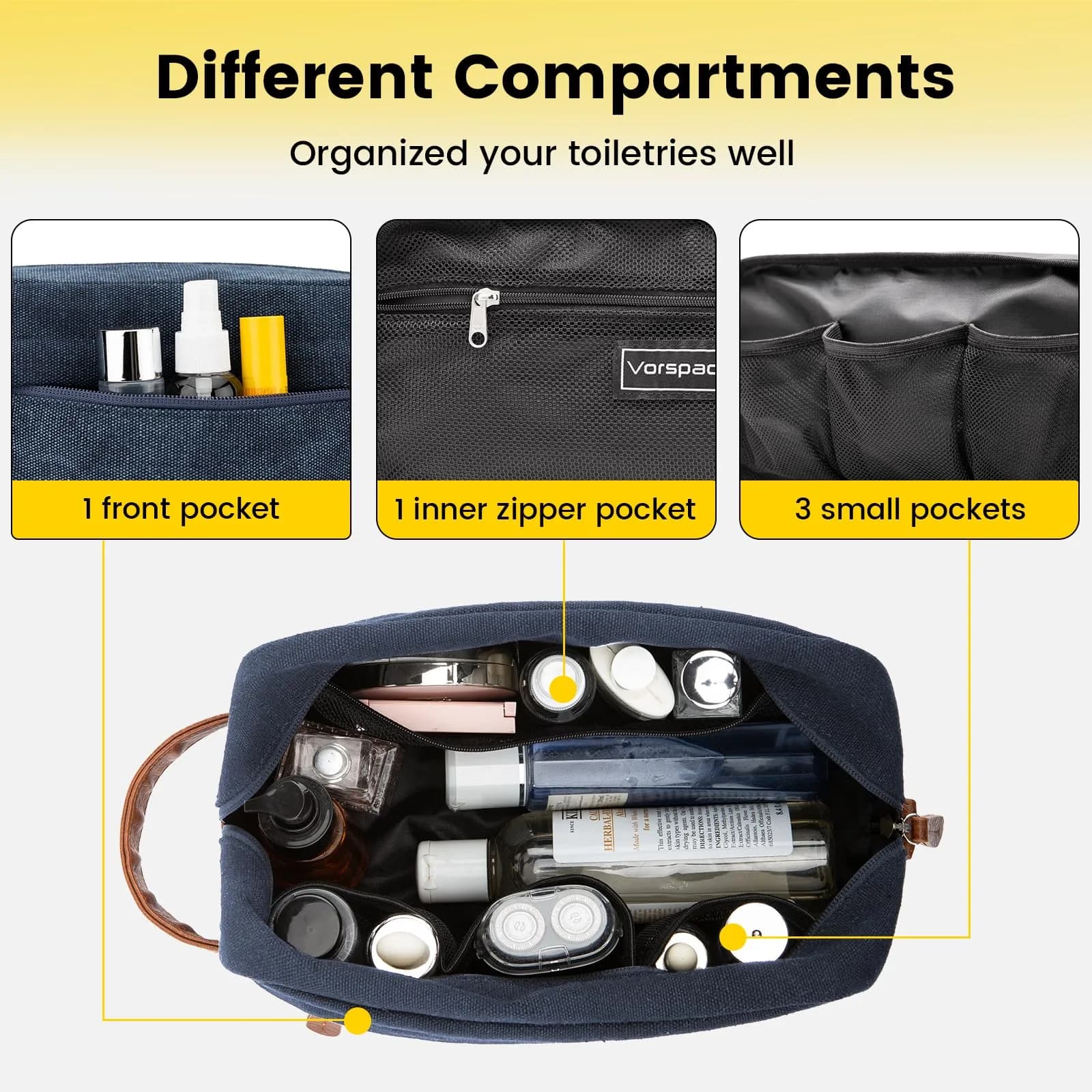 Vorspack Canvas Travel Toiletry Bag for Men, Medium, Navy Blue | Water-Resistant & Organized Compartments - view 4