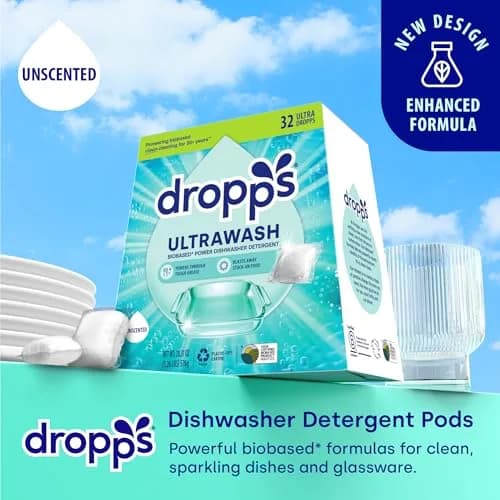 Dropps UltraWash Dishwasher Detergent Pods Unscented 32 Count (142g / 5.08oz) | USDA Biobased Formula (81%) thumbnail 2