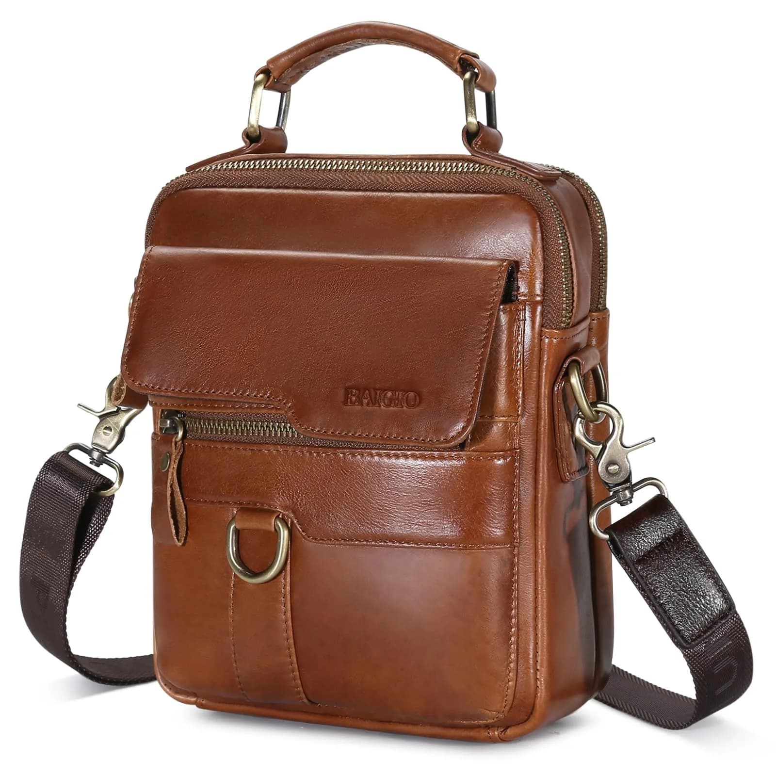 BAIGIO Men's Genuine Leather Shoulder Bag with Adjustable Strap | Brown — Type 2-brown