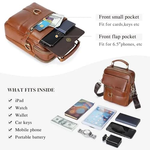 BAIGIO Men's Genuine Leather Shoulder Bag with Adjustable Strap | Brown thumbnail 4