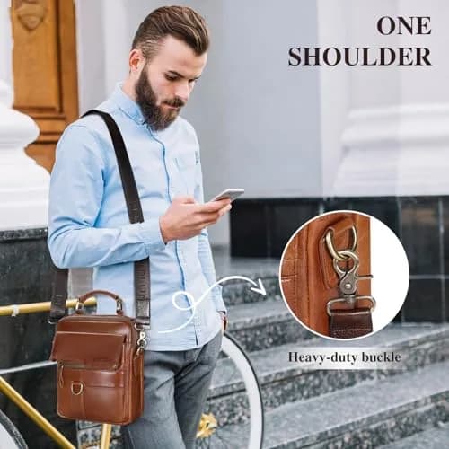 BAIGIO Men's Genuine Leather Shoulder Bag with Adjustable Strap | Brown thumbnail 6