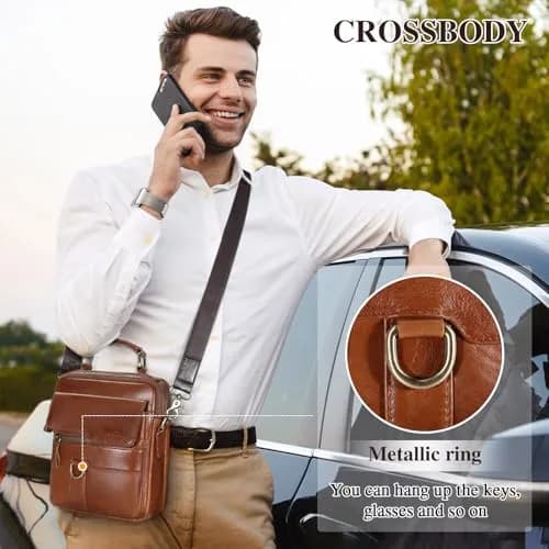 BAIGIO Men's Genuine Leather Shoulder Bag with Adjustable Strap | Brown thumbnail 7