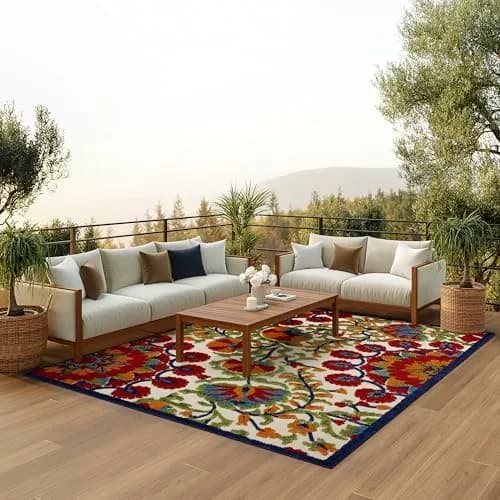 Nourison Rug Aloha Red Multicolor 9' x 12' | Easy Clean, Non Shedding, Outdoor & Indoor Use thumbnail 1