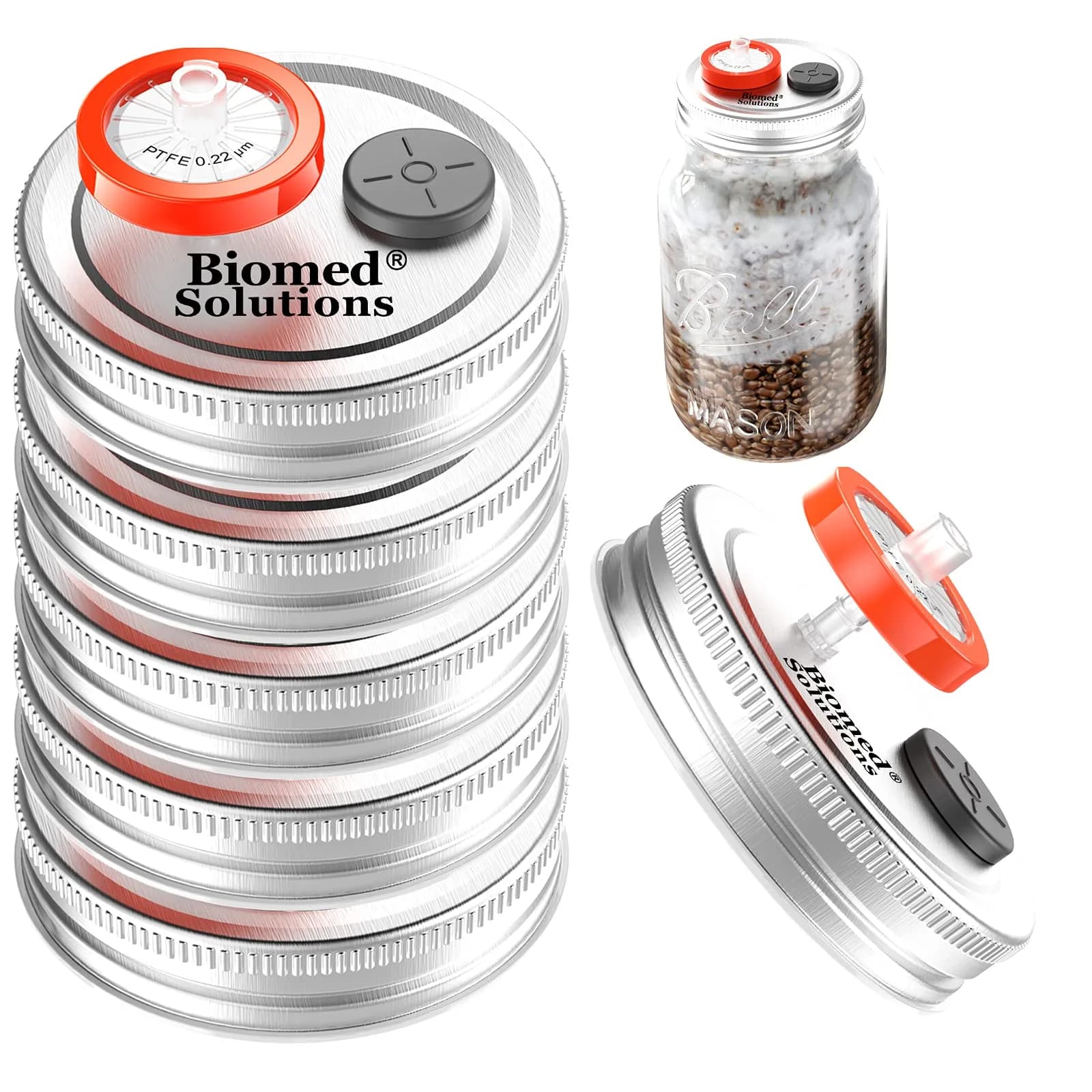 Biomed Solutions 6Pcs Regular Mouth Mushroom Liquid Culture Lids with Filter & Injection Ports (70mm) | Lab-Quality for Mycology — 70mm Regular mouth (Silver)