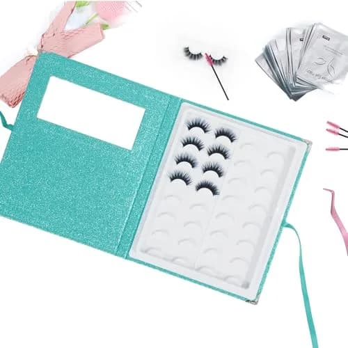 YiQiYi False Eyelash Organizer and Storage Case with Tweezer | Portable Lash Book, Pink/Green/Gold, 27×22×2 cm thumbnail 5