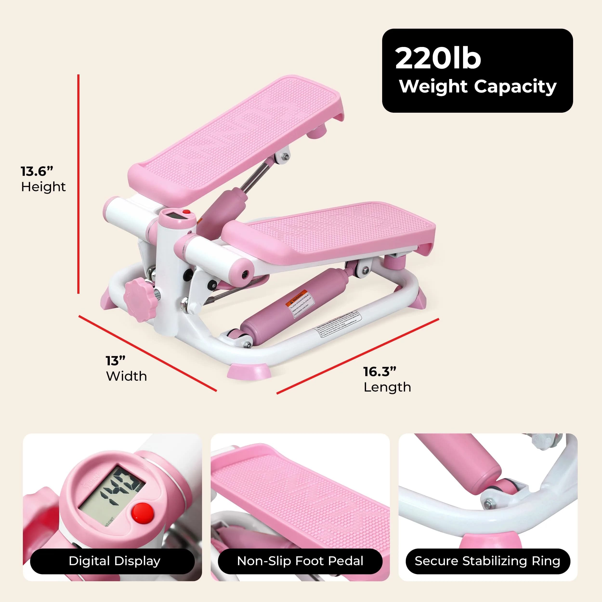 Sunny Health & Fitness Pink Mini Stepper w/Meter & Adjustable Step Height | 10.2 kg (22.5 lb) | Tones Lower Body & Core - view 6