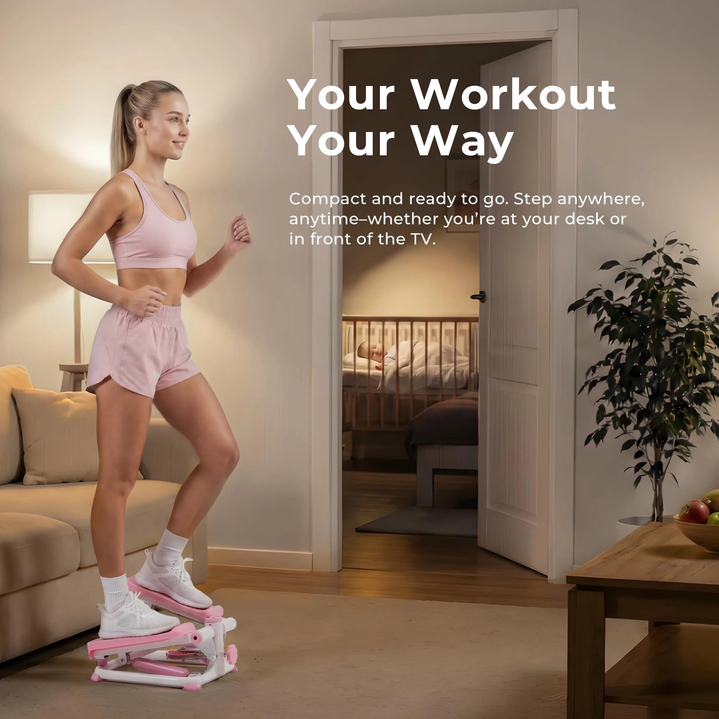 Sunny Health & Fitness Pink Mini Stepper w/Meter & Adjustable Step Height | 10.2 kg (22.5 lb) | Tones Lower Body & Core - view 3