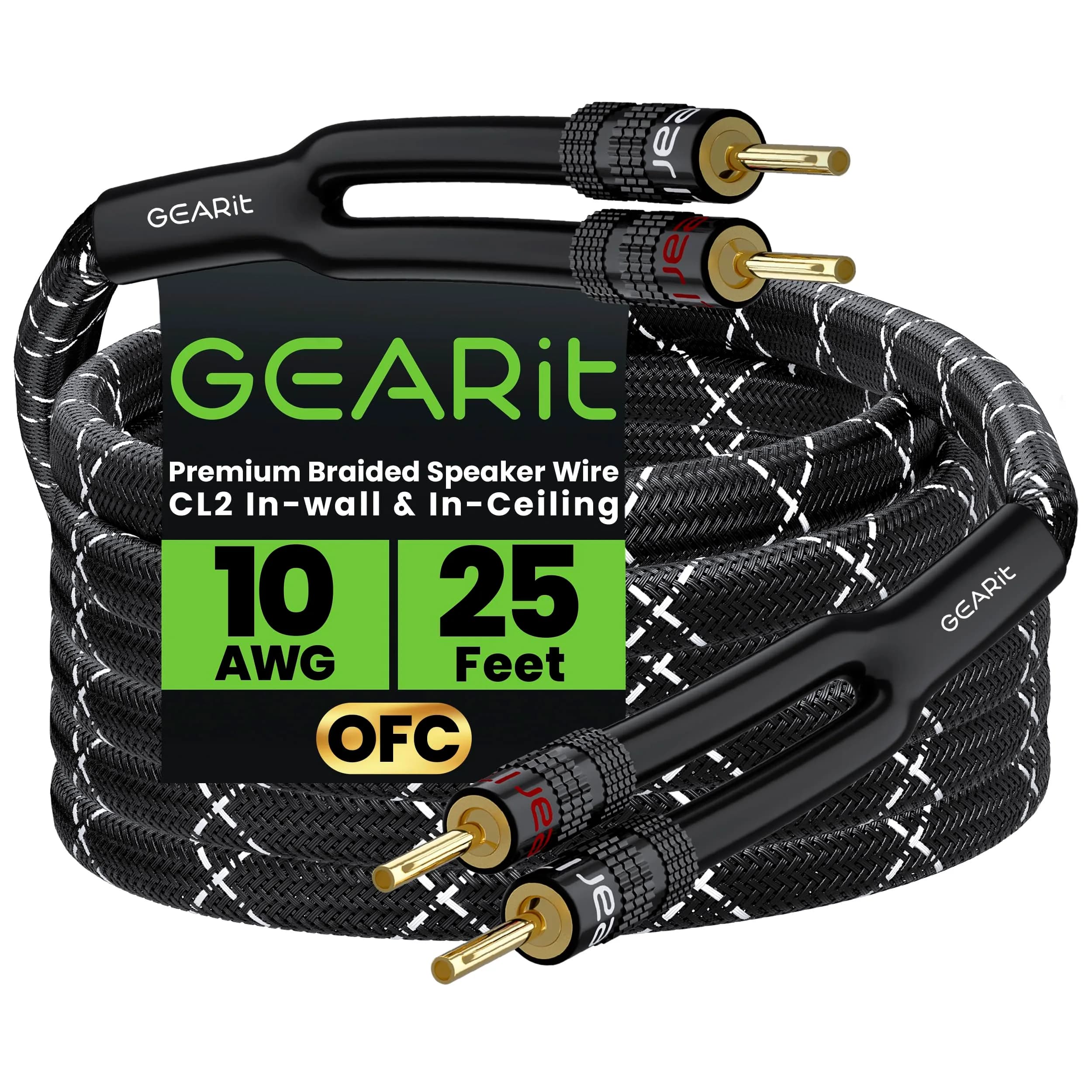 GEARit 10 Gauge Black Speaker Wire Banana Plugs CL2 Rated in-Wall 6 Feet | High Quality Copper, Braided Nylon, Gold Plated Tips — Black