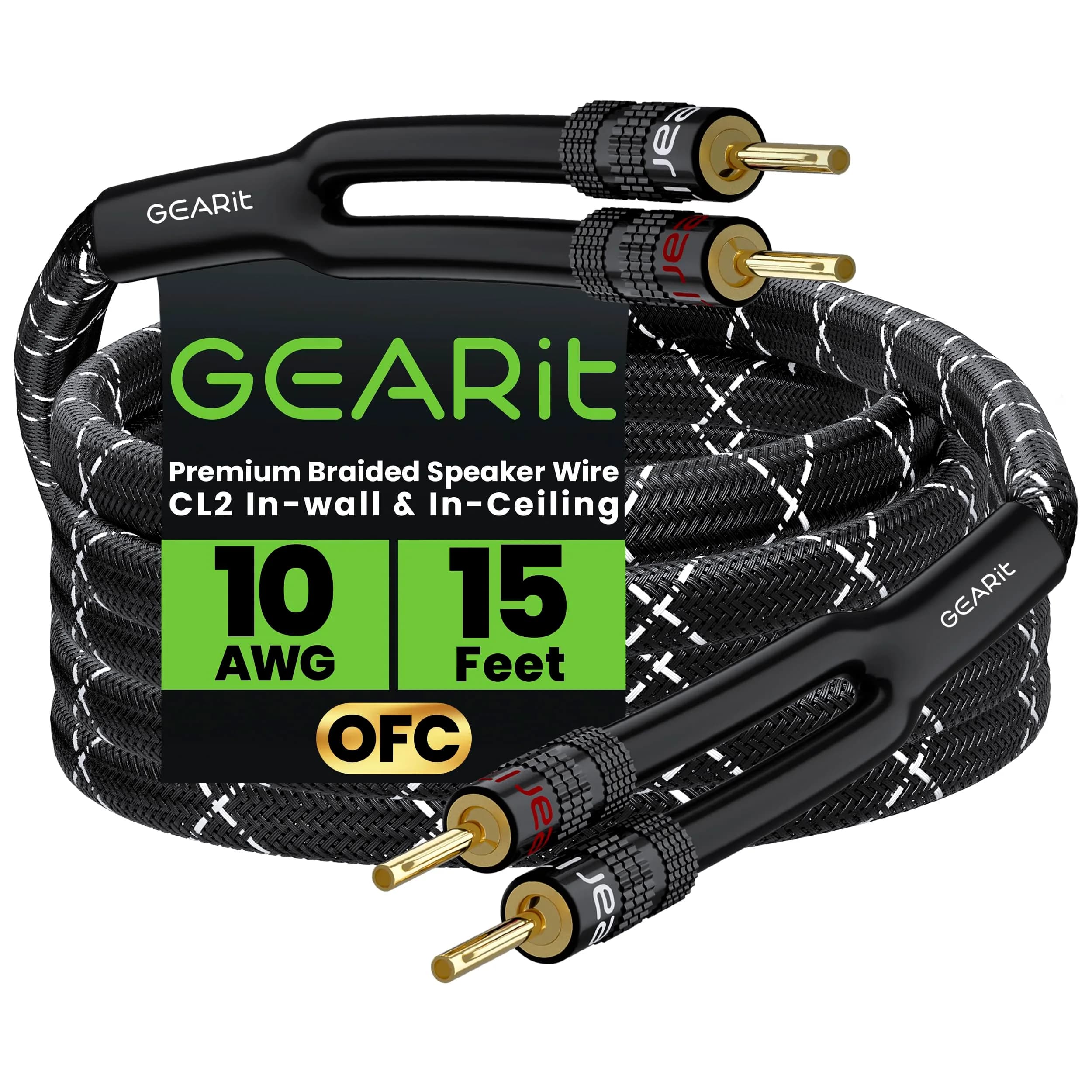 GEARit 10 Gauge Black Speaker Wire Banana Plugs CL2 Rated in-Wall 6 Feet | High Quality Copper, Braided Nylon, Gold Plated Tips — Black / 15 Feet