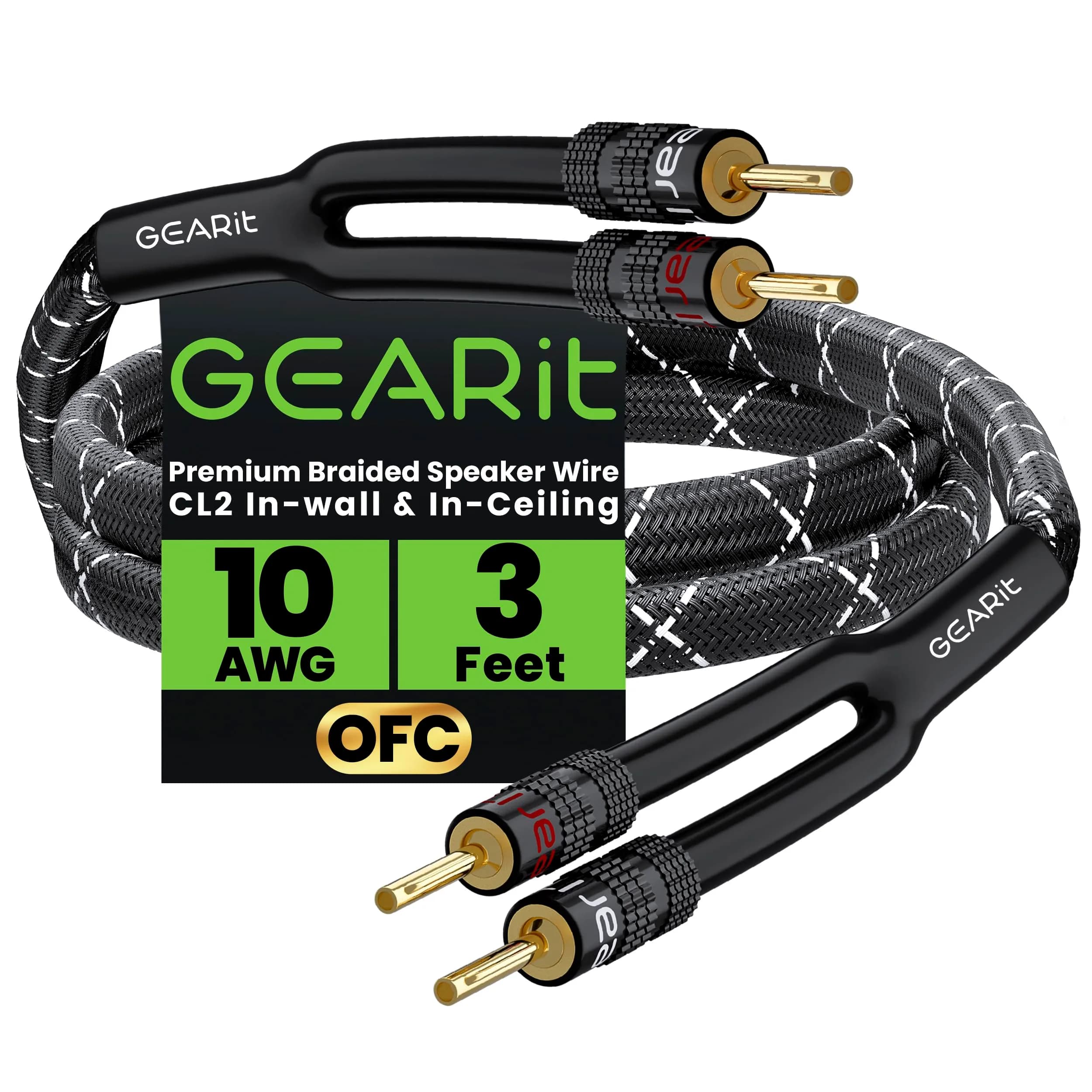 GEARit 10 Gauge Black Speaker Wire Banana Plugs CL2 Rated in-Wall 6 Feet | High Quality Copper, Braided Nylon, Gold Plated Tips — Black / 3 Feet