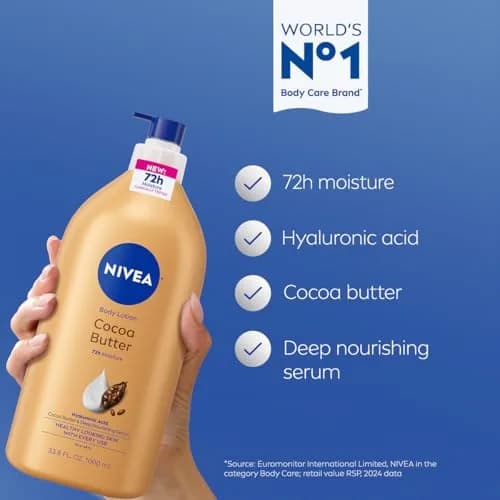NIVEA Cocoa Butter Body Lotion for Dry Skin with Hyaluronic Acid, 998ml (33.8 Fl Oz) | 72-Hour Deep Moisture thumbnail 3