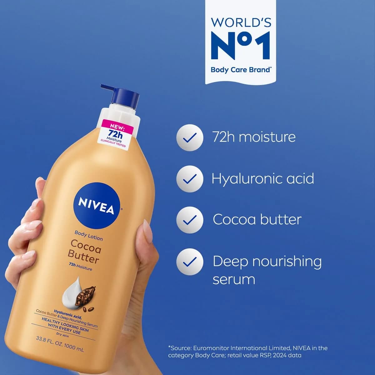 NIVEA Cocoa Butter Body Lotion for Dry Skin with Hyaluronic Acid, 998ml (33.8 Fl Oz) | 72-Hour Deep Moisture - view 3