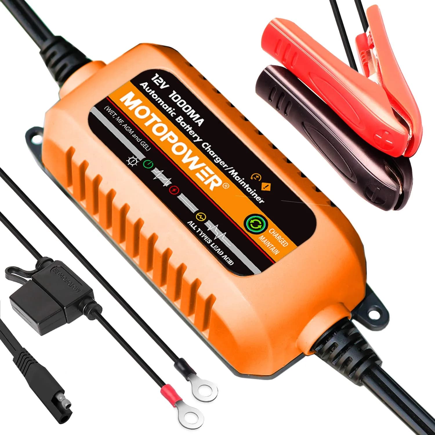 MOTOPOWER 12V 1000mA Automatic Battery Charger & Maintainer | Compact & Durable with Timer Protection - main product image