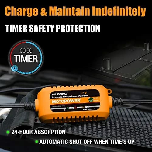 MOTOPOWER 12V 1000mA Automatic Battery Charger & Maintainer | Compact & Durable with Timer Protection thumbnail 4