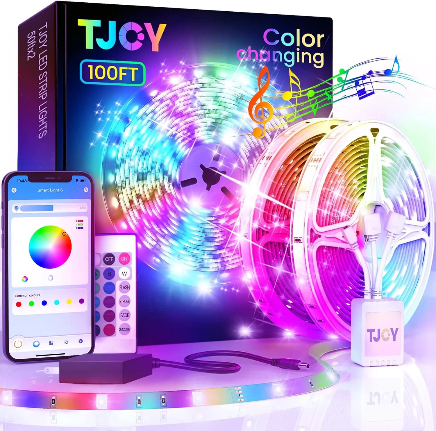 TJOY LED Lights for Bedroom 100ft RGB Color Changing LED Strip Lighting | Music Sync & App Control — 100 ft