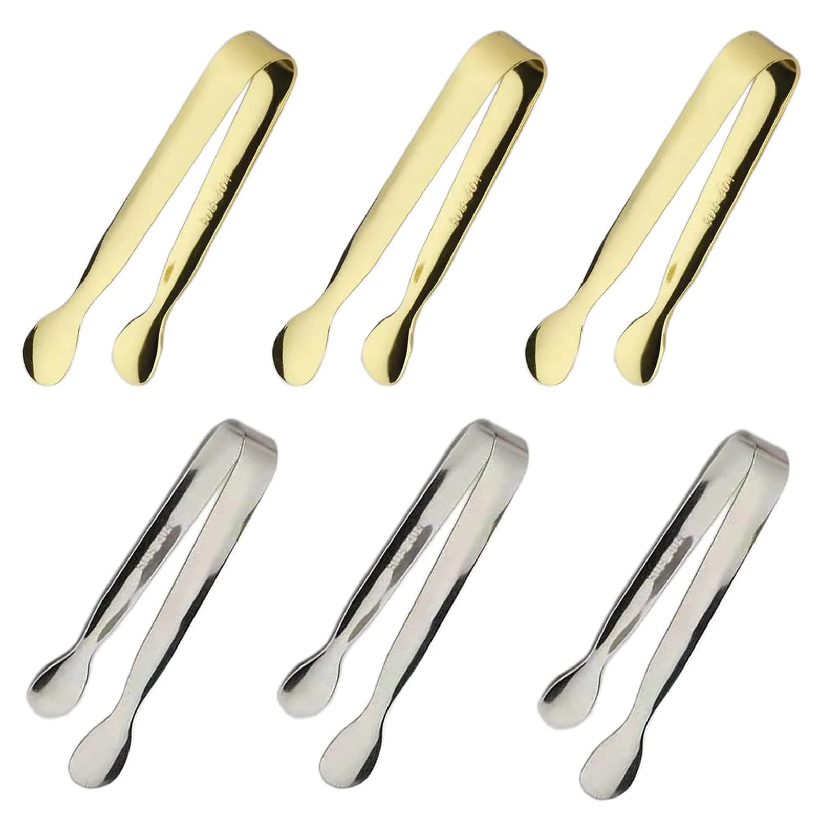 Sunenlyst 6PCS Mini Sugar Tongs 13cm (4.25 Inch) | Stainless Steel Appetizer Tongs for Parties — 6PCS Silver and Gold