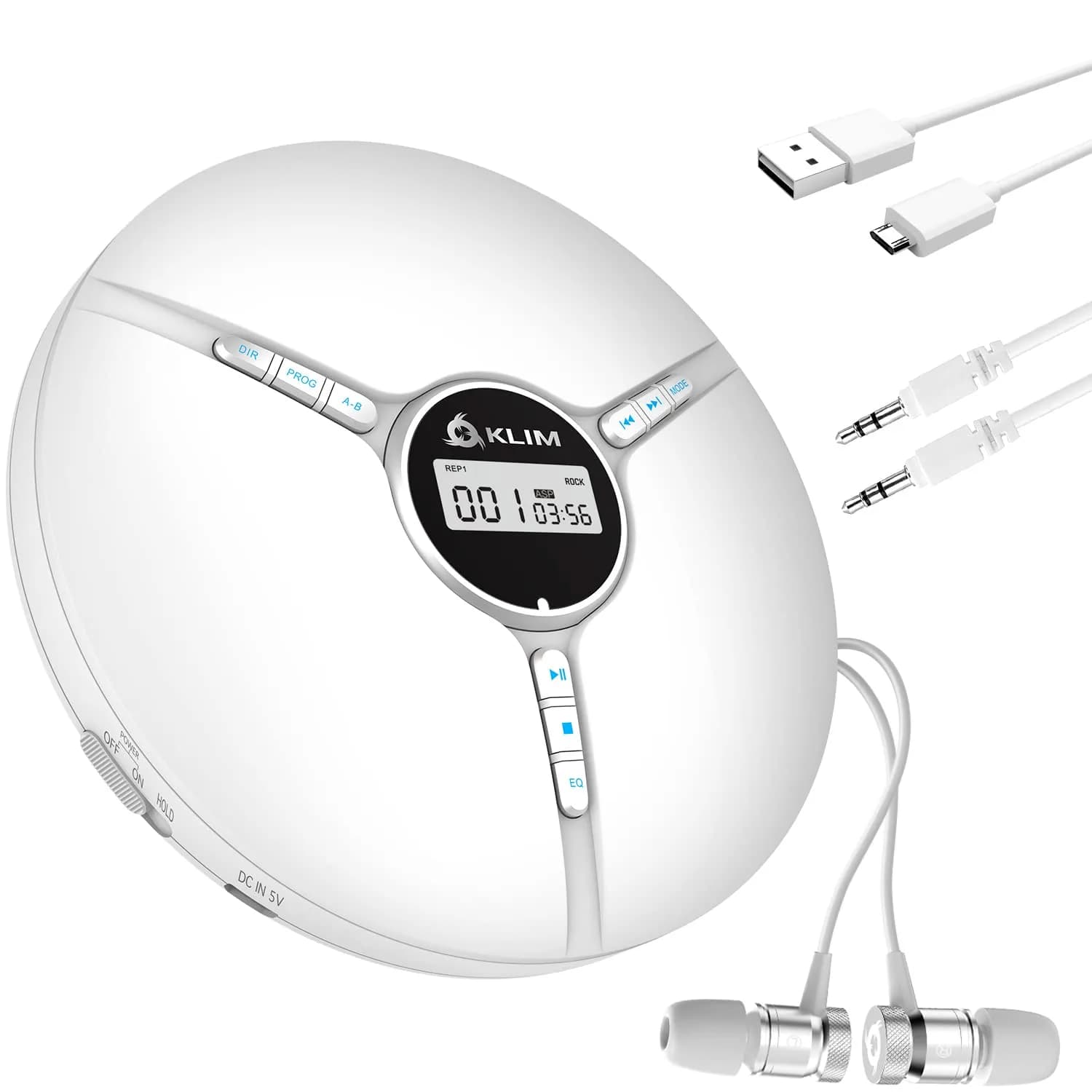 KLIM Discman Portable CD Player with Headphones, Built-in Battery, Pink | Anti-Skip Protection — White