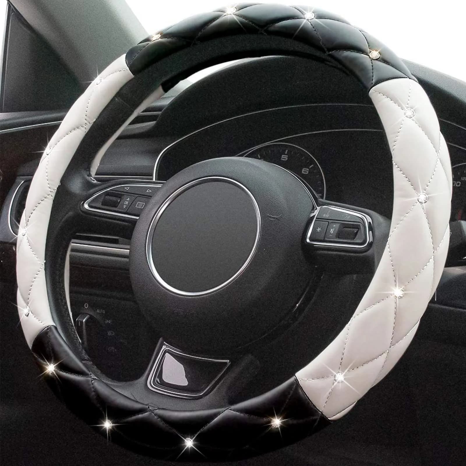 Xizopucy Black White Steering Wheel Cover, Anti-Slip with Rhinestones | Fits 14.5-15 inch — Black+White
