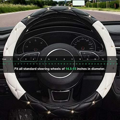 Xizopucy Black White Steering Wheel Cover, Anti-Slip with Rhinestones | Fits 14.5-15 inch thumbnail 5