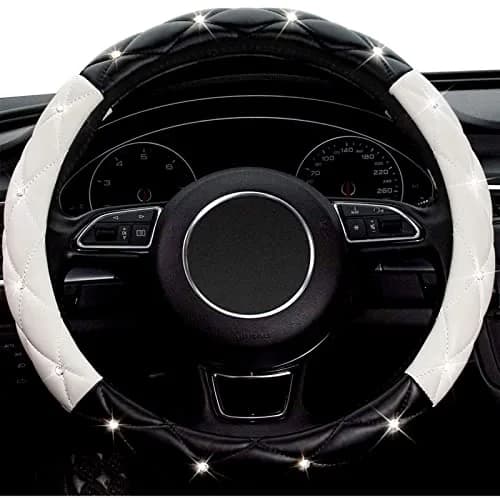 Xizopucy Black White Steering Wheel Cover, Anti-Slip with Rhinestones | Fits 14.5-15 inch thumbnail 2