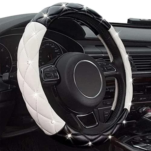 Xizopucy Black White Steering Wheel Cover, Anti-Slip with Rhinestones | Fits 14.5-15 inch thumbnail 3