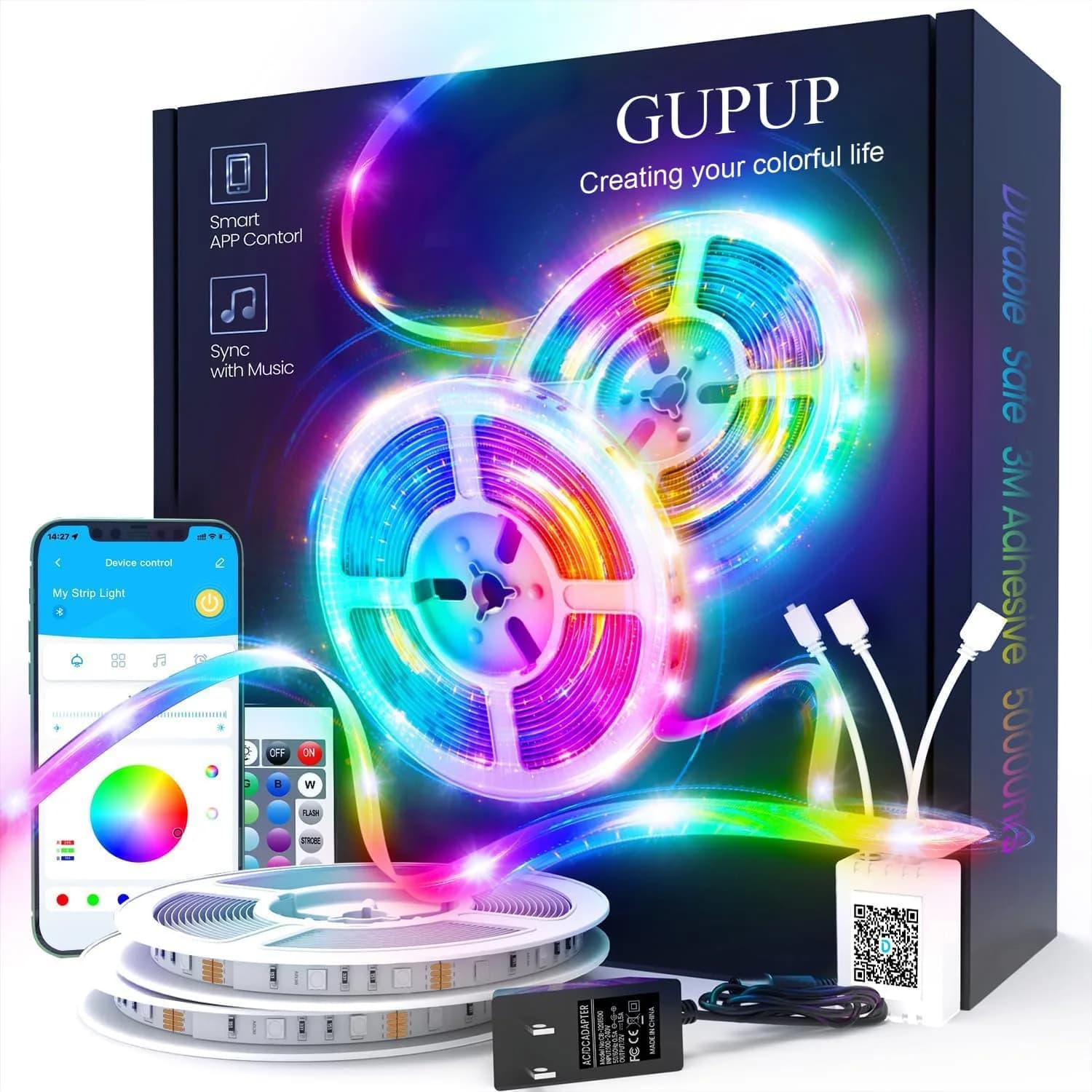 GUPUP LED Lights Strip 100 ft | RGB Rope Light for Bedroom, Bluetooth APP Control, Music Sync, Color Changing, Easy Install