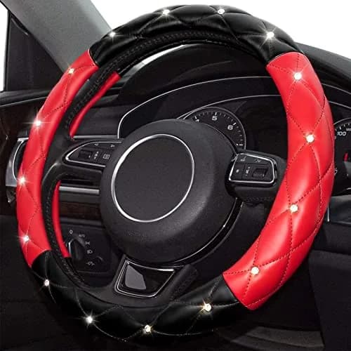 Xizopucy Black Red Steering Wheel Cover | Universal Car Protector with Rhinestones, Anti-Slip, Soft Interior for Women & Girls, 14.5-15 inch thumbnail 1