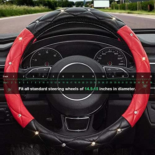 Xizopucy Black Red Steering Wheel Cover | Universal Car Protector with Rhinestones, Anti-Slip, Soft Interior for Women & Girls, 14.5-15 inch thumbnail 5
