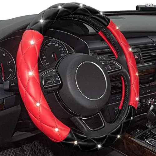Xizopucy Black Red Steering Wheel Cover | Universal Car Protector with Rhinestones, Anti-Slip, Soft Interior for Women & Girls, 14.5-15 inch thumbnail 3