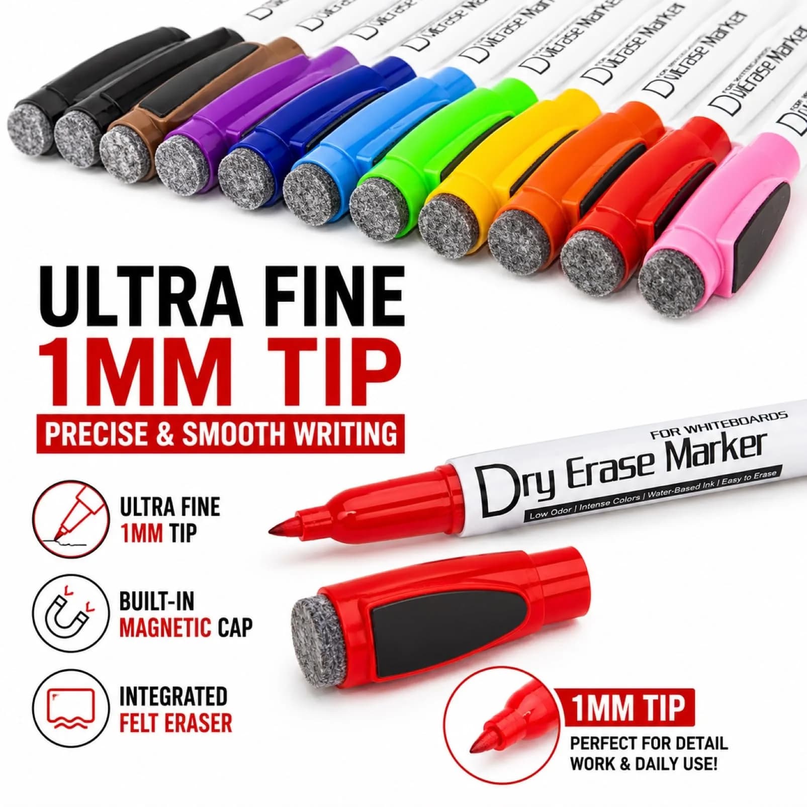 Volcanics Magnetic Dry Erase Markers, Fine Tip, 10 Colors, 12-Pack | Smooth Ink Flow for Students & Office - view 6
