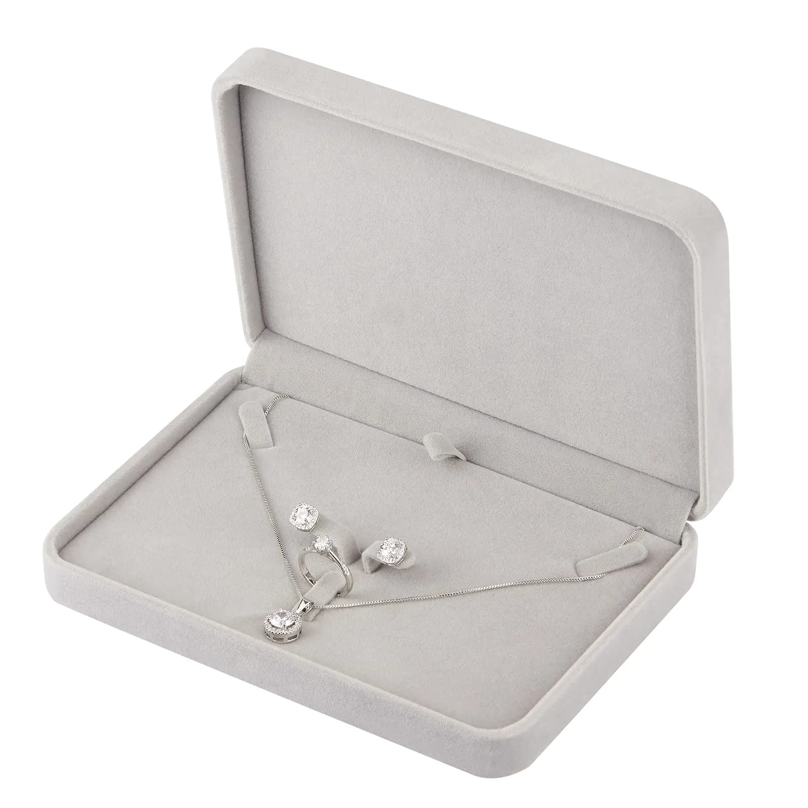 LETURE Large Velvet Jewelry Storage Box, Big Necklace & Ring Organizer, Pearl & Chunky Necklace Case (Grey) | Elegant Gift — Grey
