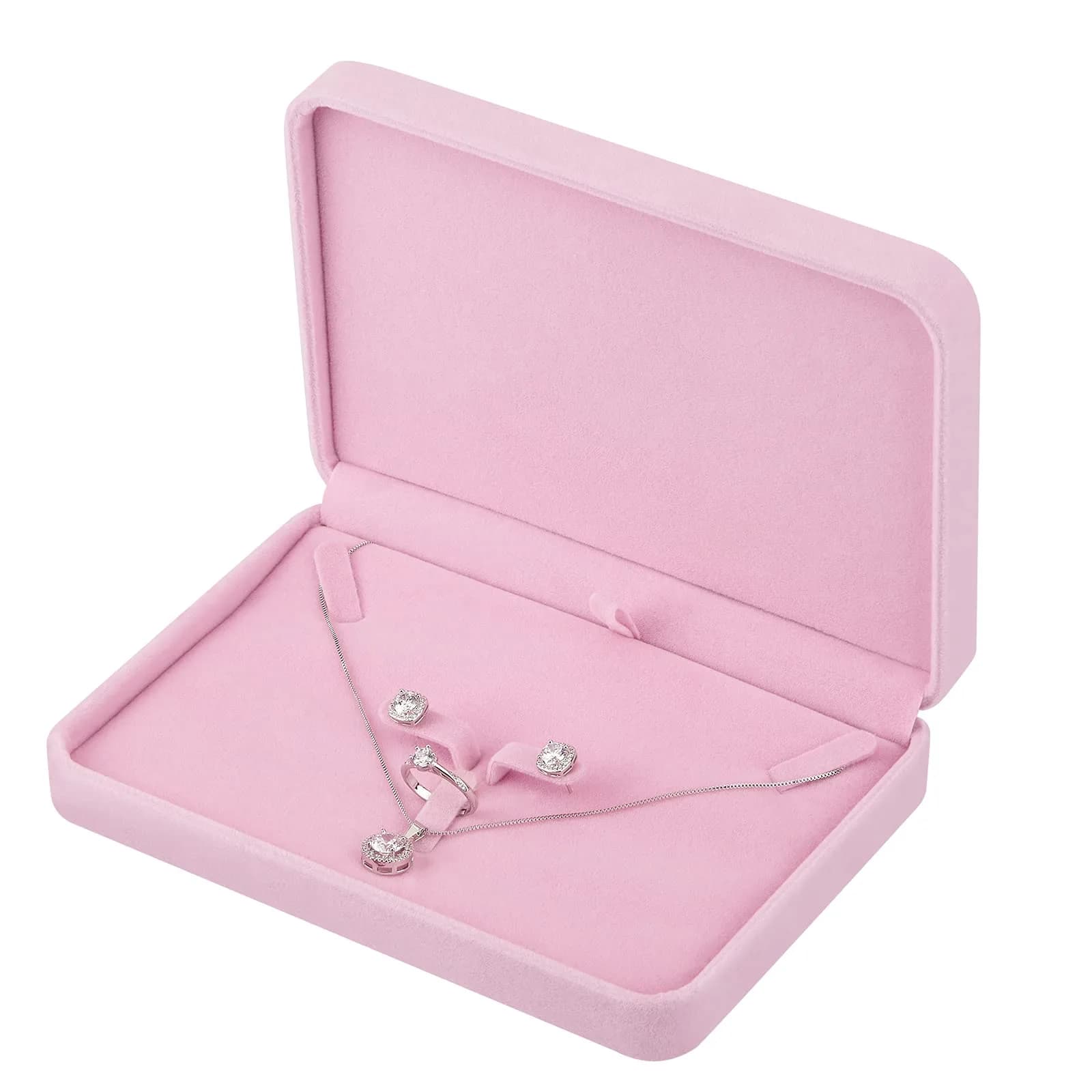 LETURE Large Velvet Jewelry Set Box, Blue | Necklace & Ring Organizer (17x12x4cm) — Pink