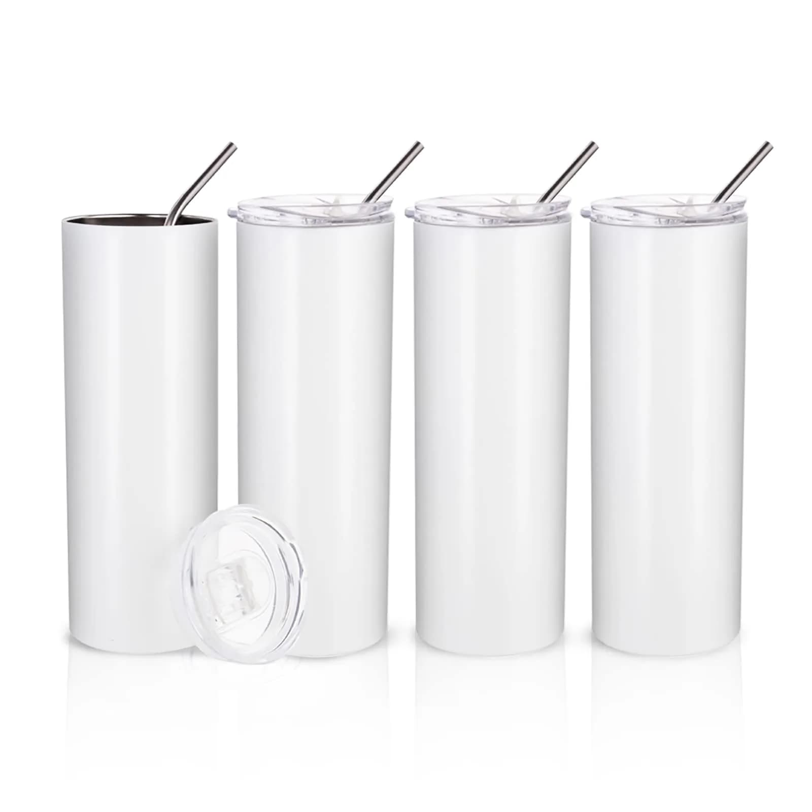 PYD Life 4 Pack Sublimation Blanks Tumblers Straight Skinny 20 OZ | Bright Full Wrap Print Ready — White