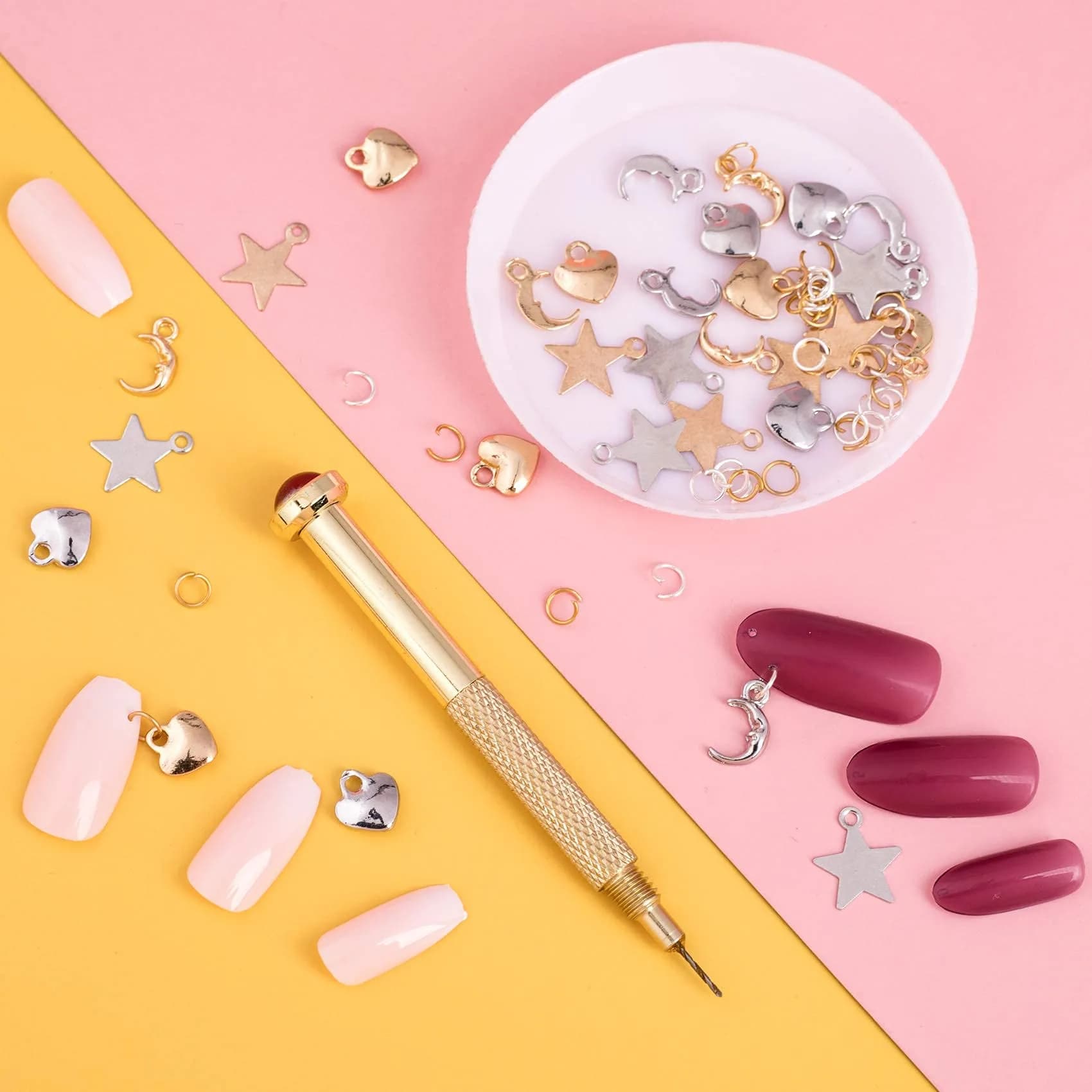 PAGOW 71PCS Dangle Nail Art Charms Kit with Hand Drill & Jump Rings | Nail Piercing Tool for Acrylic, Gel & Decorations - view 6