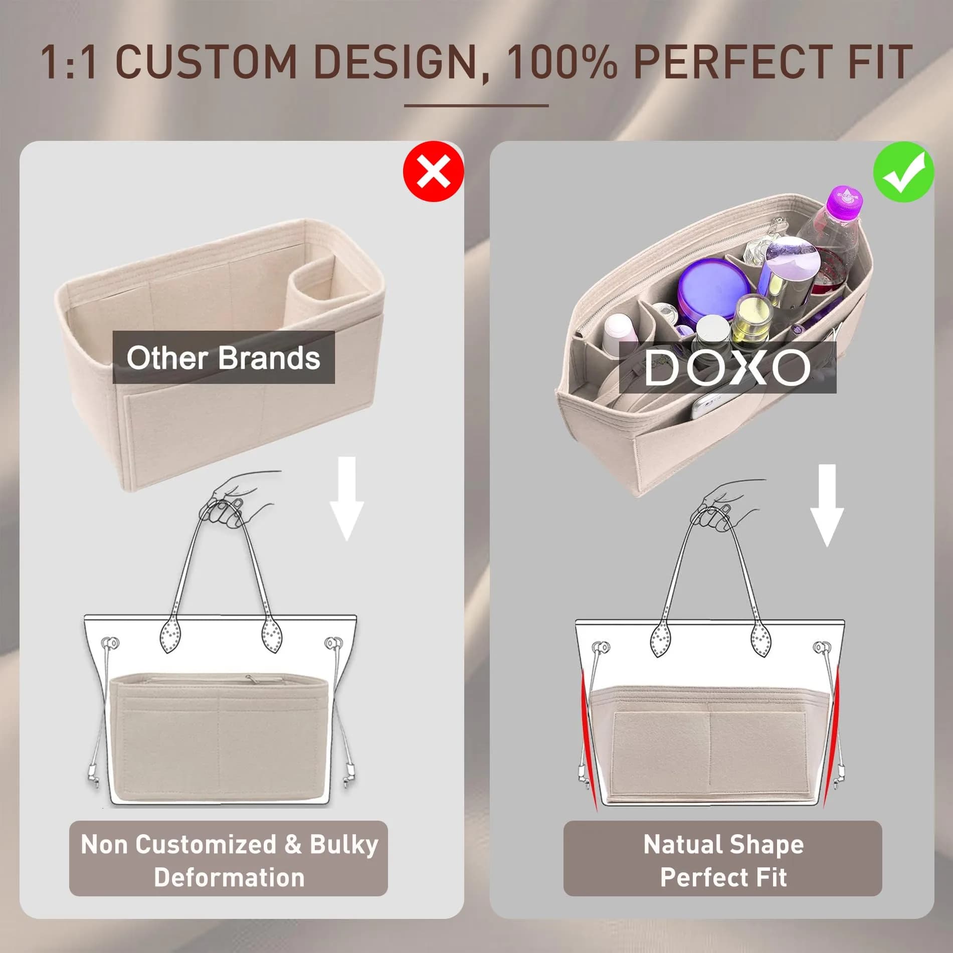 Doxo Purse Organizer Insert & Base Shaper 2pc Set Large Beige | Keeps Handbags Neat & Shaped - view 5
